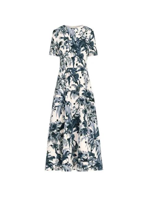 Dotted Palm leaves cotton poplin short-sleeve dress by OSCAR DE LA RENTA