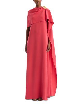 Draped Shoulder Brooch Detail Georgette Caftan Dress by OSCAR DE LA RENTA