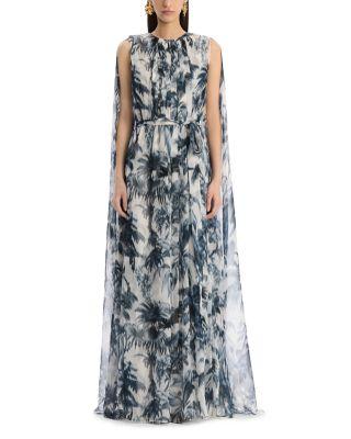 Draped Sleeve Large Chine Palm Leaves Silk Caftan Dress by OSCAR DE LA RENTA