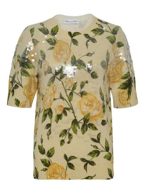 English Rose-print sequin-embellished sweater by OSCAR DE LA RENTA