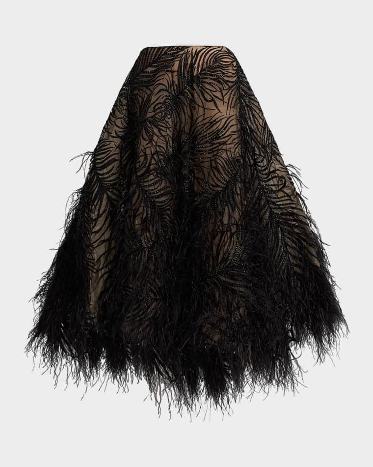 Feather-Embroidered Embellished Midi Skirt by OSCAR DE LA RENTA