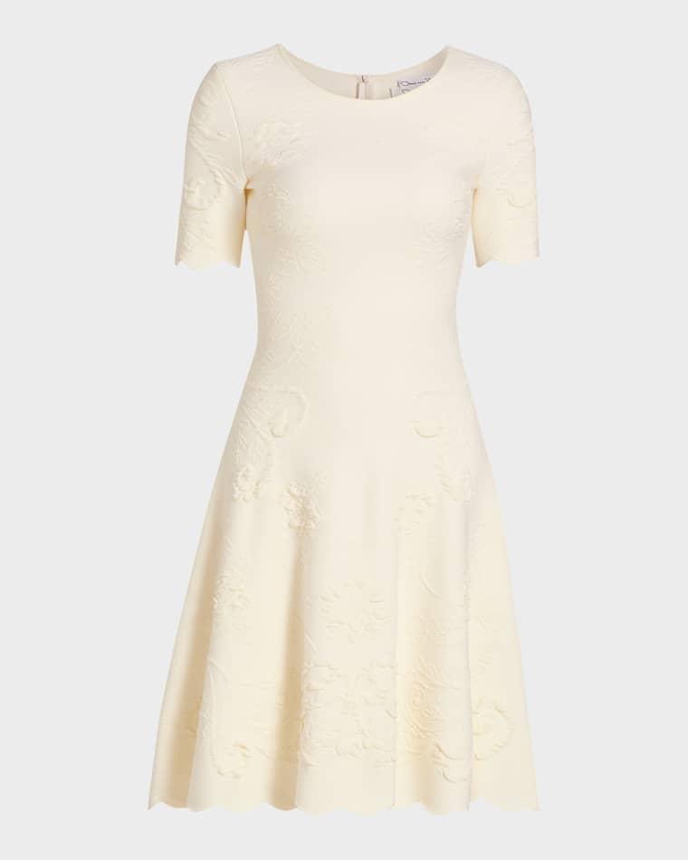 Floral Jacquard Knit Short-Sleeve Mini Dress by OSCAR DE LA RENTA