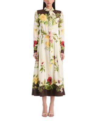 Long Sleeve Tie Neck Multi Floral Silk Twill Print Dress by OSCAR DE LA RENTA