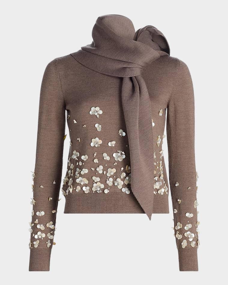 Mother Of Pearl Embellished Wool Scarf-Neck Sweater by OSCAR DE LA RENTA