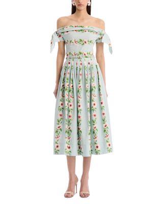 Off Shoulder Hibiscus Stripes Poplin Day Dress by OSCAR DE LA RENTA