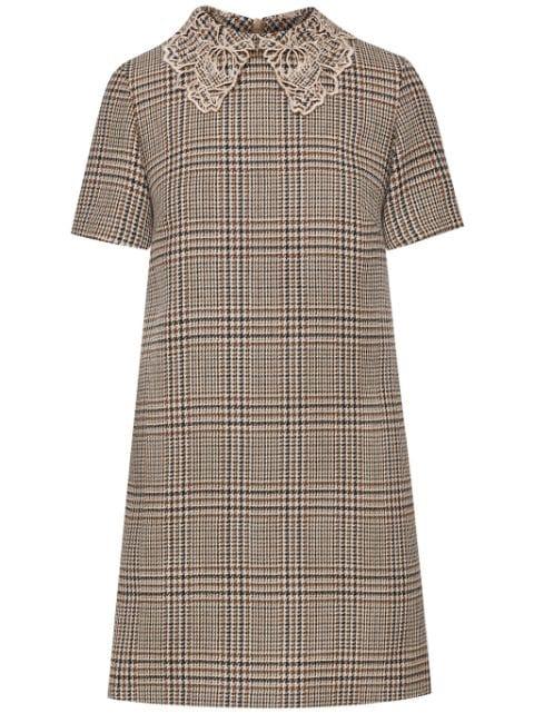 Peony guipure-collar plaid shift dress by OSCAR DE LA RENTA