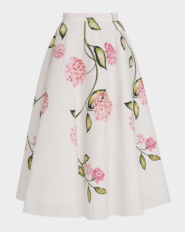 Porcelain Flower Cotton Poplin Midi Skirt by OSCAR DE LA RENTA