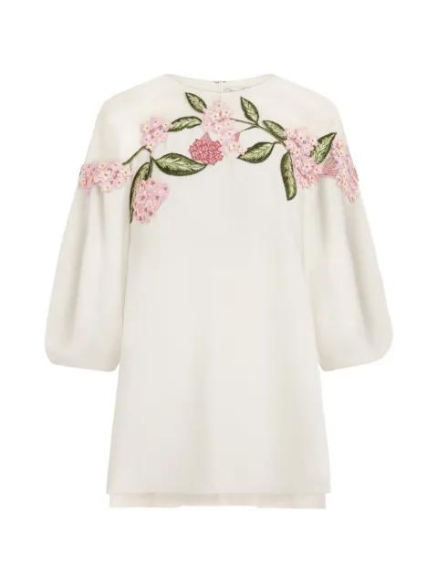 Porcelain Flower embroidered illusion blouse by OSCAR DE LA RENTA