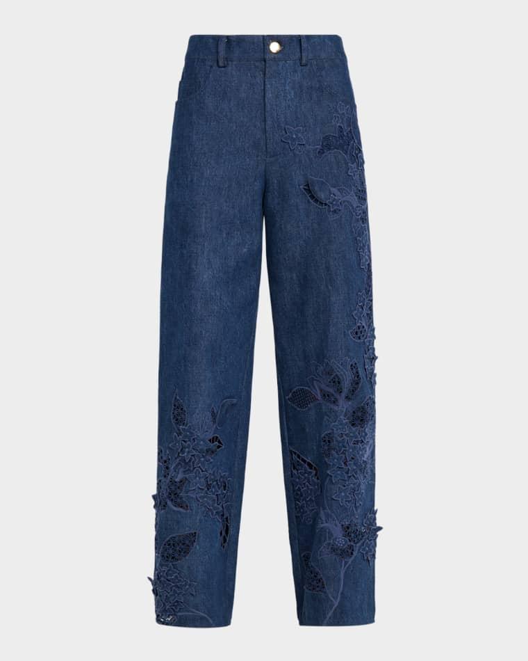 Porcelain Flowers Embroidered Denim Straight-Leg Jeans by OSCAR DE LA RENTA