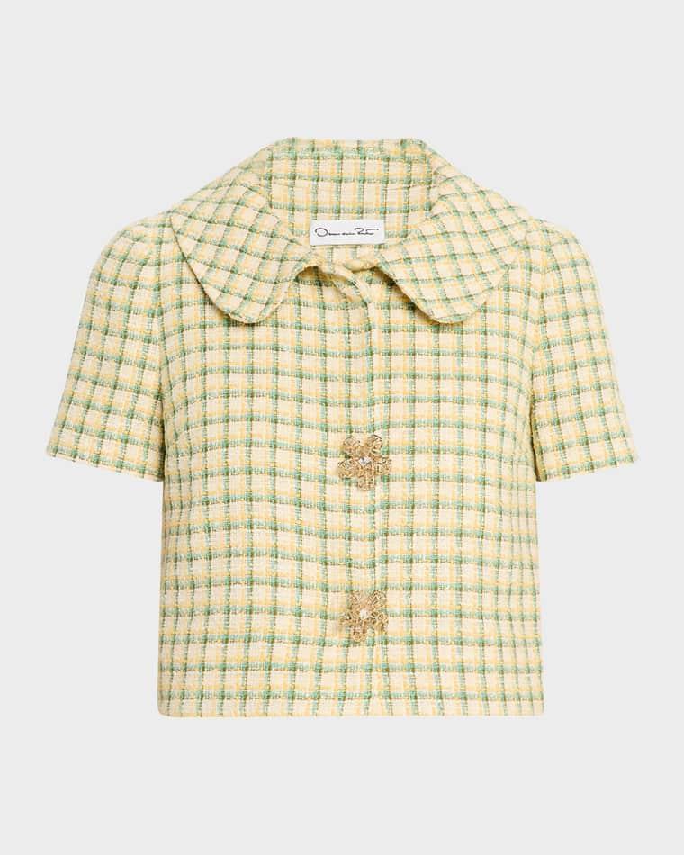 Short-Sleeve Check Tweed Jacket by OSCAR DE LA RENTA