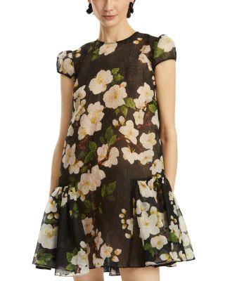 Short Sleeve Drop Waist Cherry Blossom Cloque Dress by OSCAR DE LA RENTA
