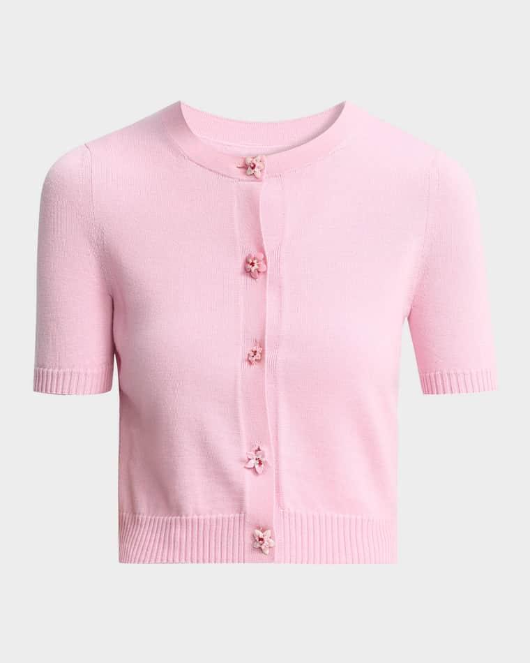 Short-Sleeve Flower-Button Crewneck Cardigan by OSCAR DE LA RENTA