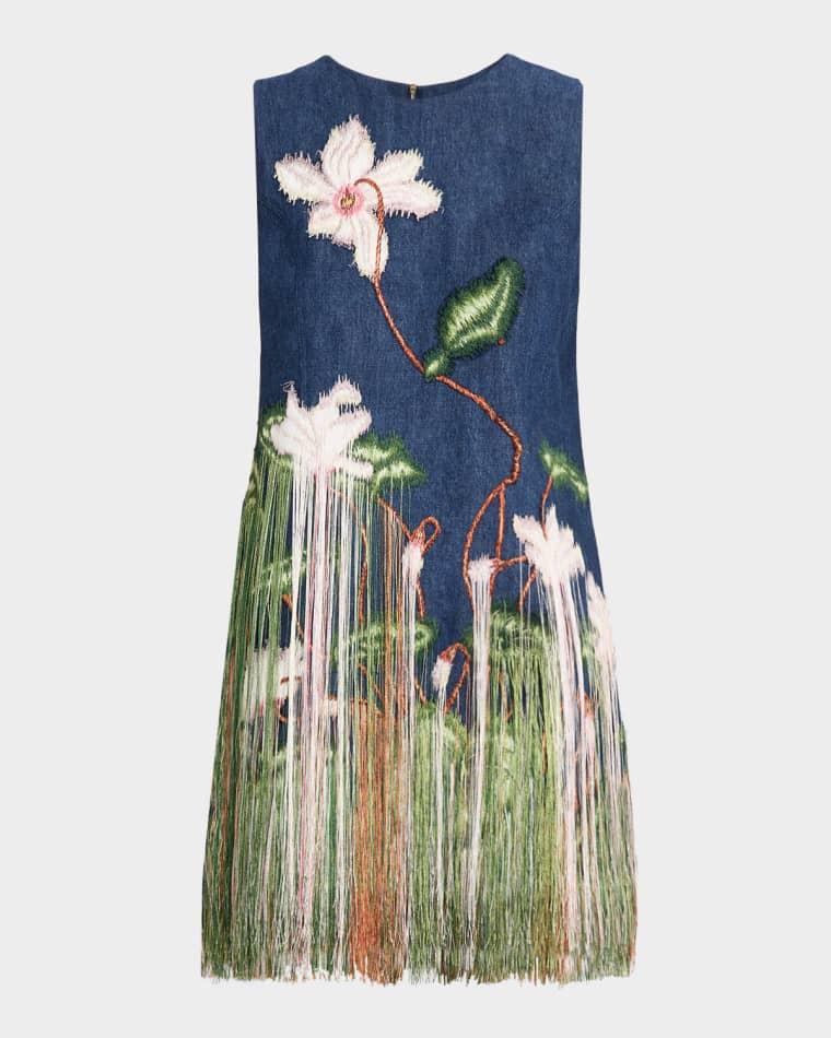 Sleeveless Cyclamen Fringe Denim Mini Dress by OSCAR DE LA RENTA