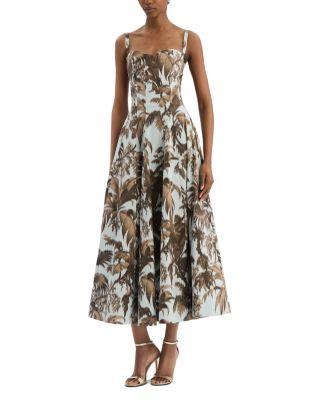 Sleeveless Large Chine Palm Leaves Poplin Day Dress by OSCAR DE LA RENTA