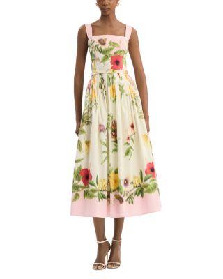 Sleeveless Multi Floral Poplin Scarf Print Day Dress by OSCAR DE LA RENTA