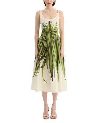 Sleeveless Palm Leaves Poplin Day Dress by OSCAR DE LA RENTA