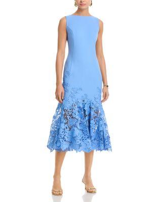 Sleeveless Porcelain Flowers Guipure Day Dress by OSCAR DE LA RENTA
