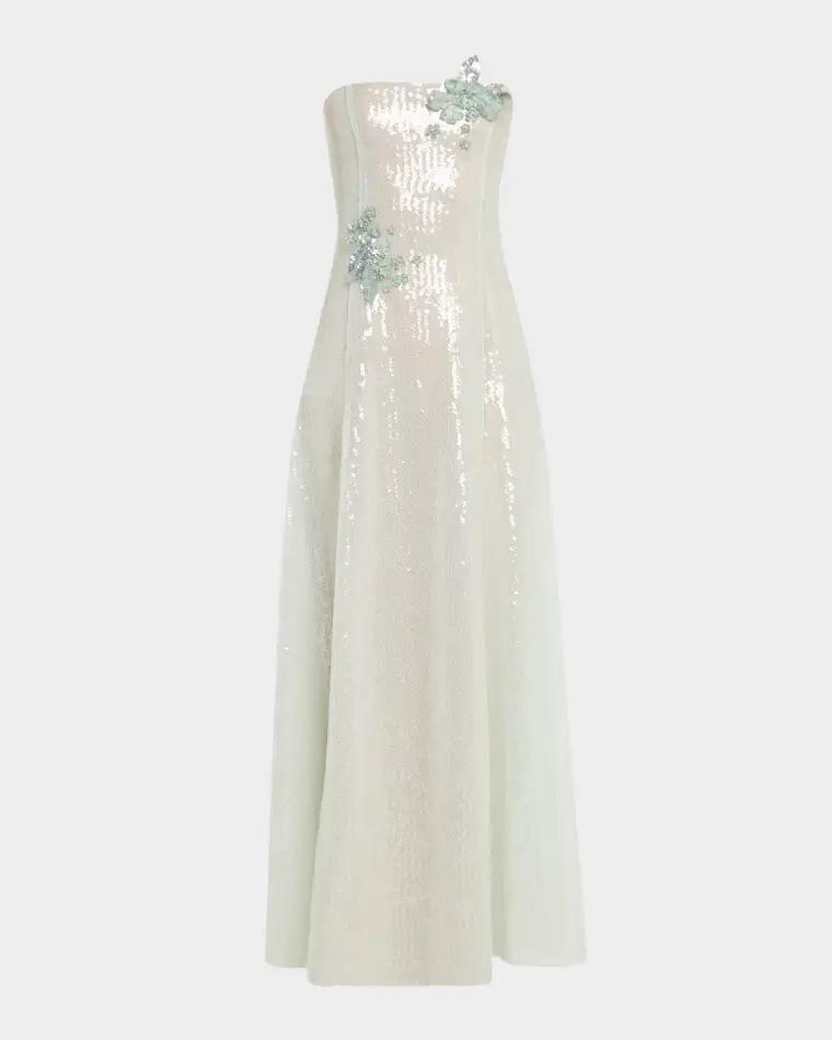Strapless Sequined Flower Gown by OSCAR DE LA RENTA