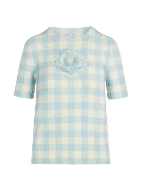 gingham-pattern flower-appliqué T-shirt by OSCAR DE LA RENTA