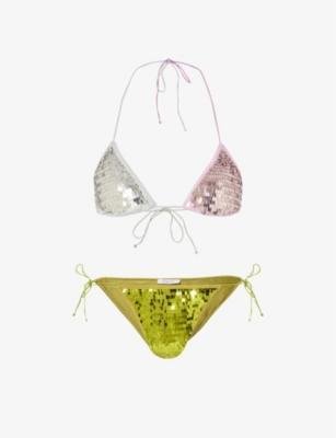 Triangle-cup high-leg sequin-embellished bikini set by OSEREE