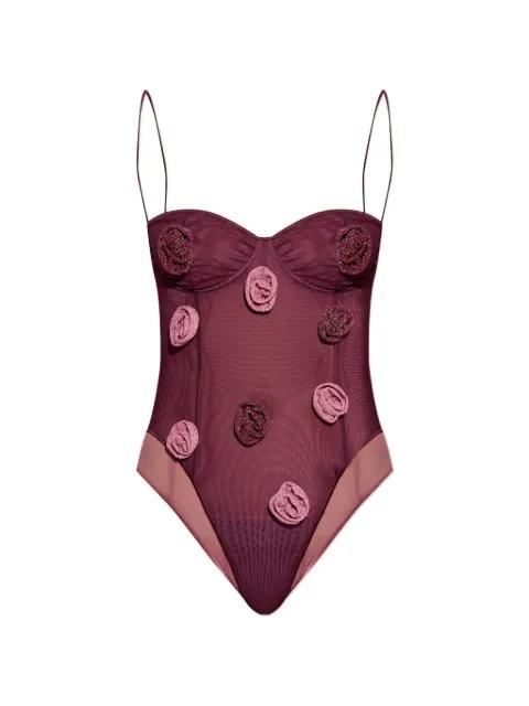 double-mesh floral-appliqué swimsuit by OSEREE