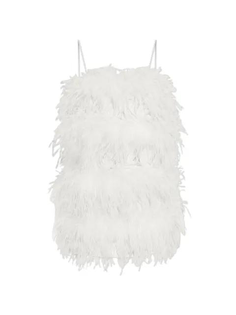 feather-embellished satin mini dress by OSEREE