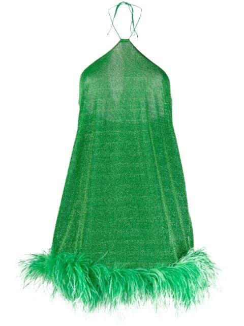 lurex-detail feather-trim dress by OSEREE