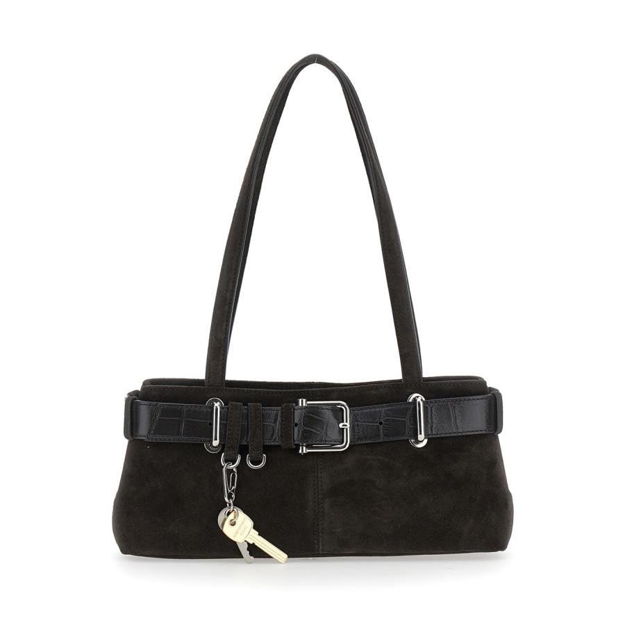 Osoi Brocle Brown Shoulder Bag With Belt And Pendant Key Details In Suede by OSOI
