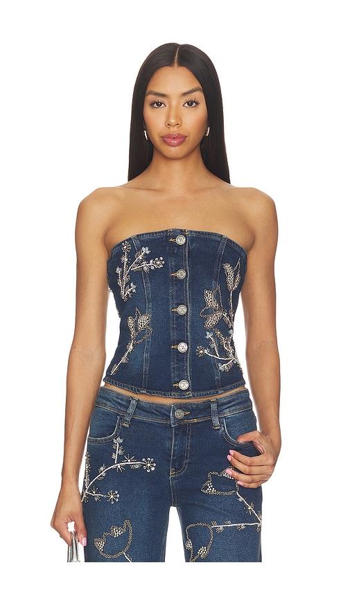 OW Collection Nova Embellished Denim Top in Blue by OW COLLECTION