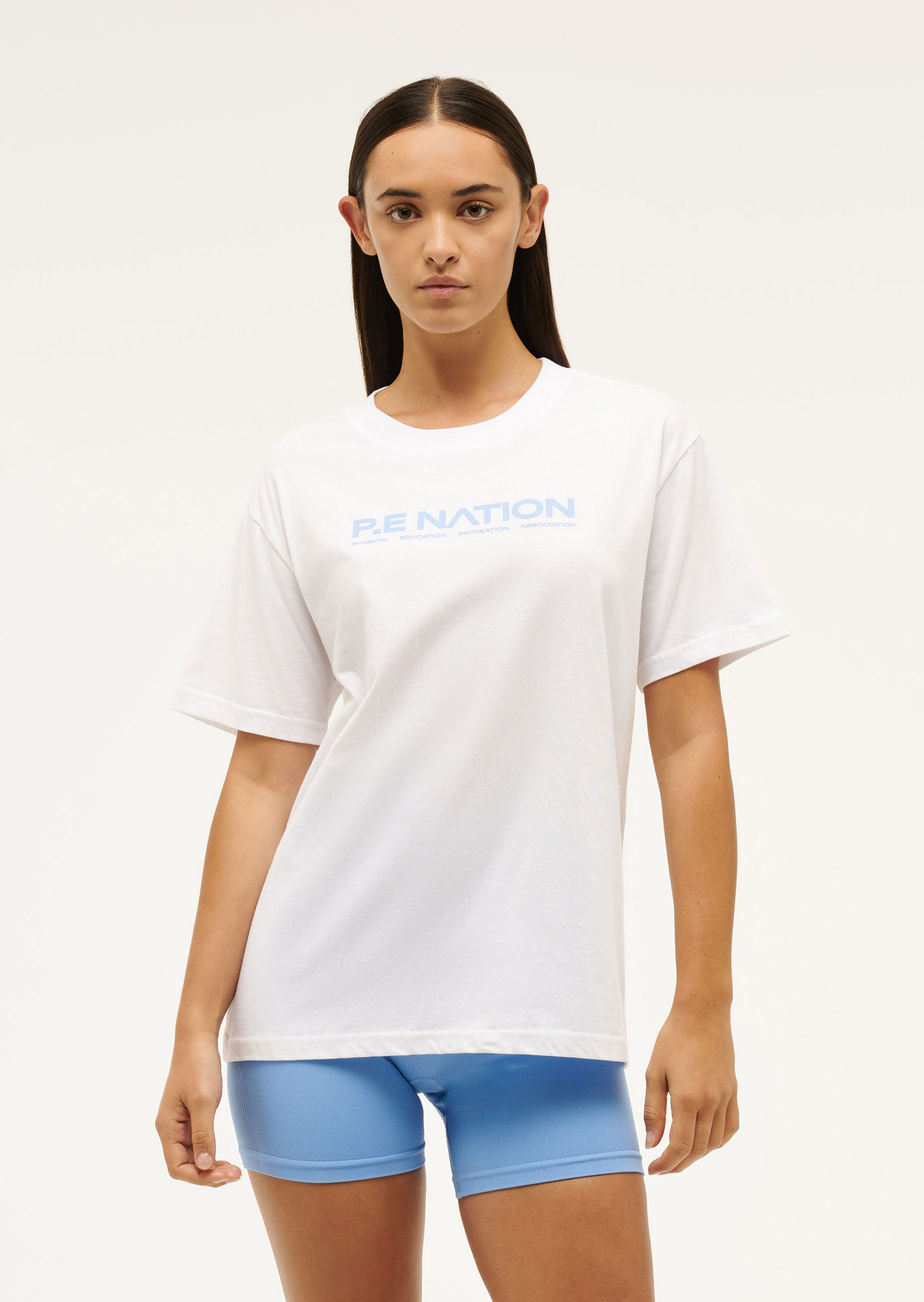 AERO SHORT SLEEVE TEE IN WHITE & CORNFLOWER BLUE by P.E NATION