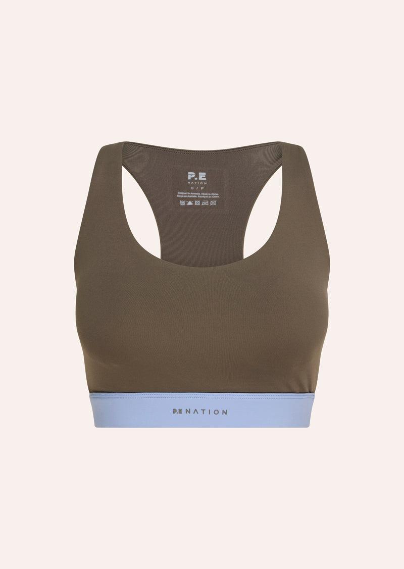 FREQUENCY SPORTS BRA IN FAWN & DUSTY BLUE by P.E NATION