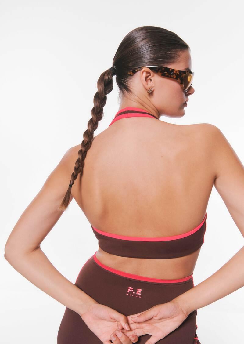 RADAR HALTER SPORTS BRA IN MAHOGANY & DIVA PINK by P.E NATION