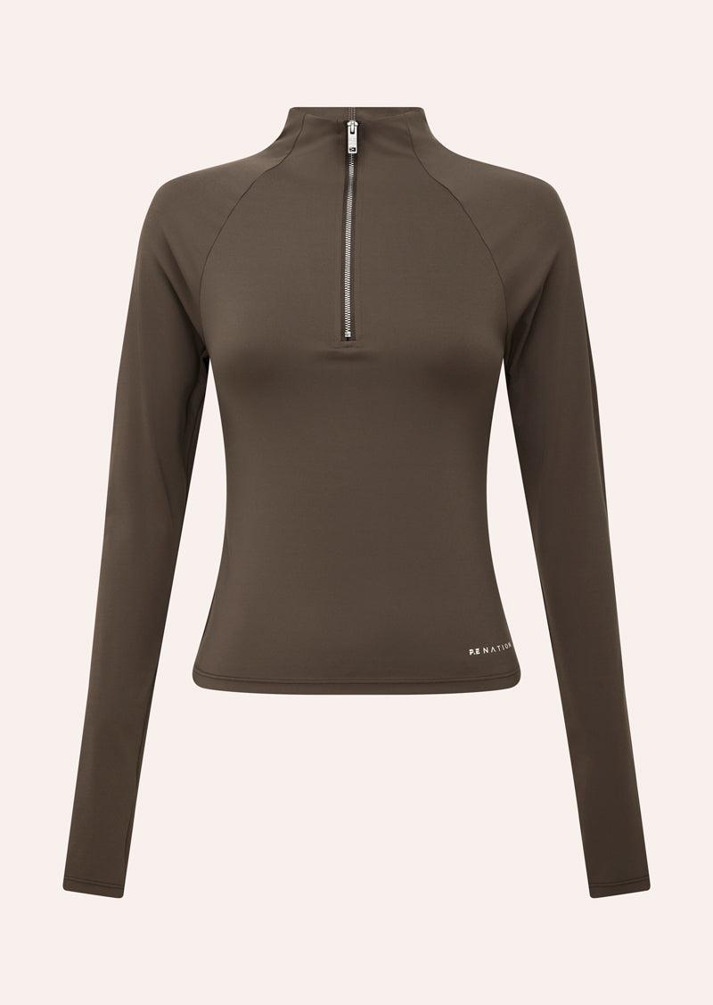 ROUTINE QUARTER ZIP LONG SLEEVE TOP IN WALNUT by P.E NATION