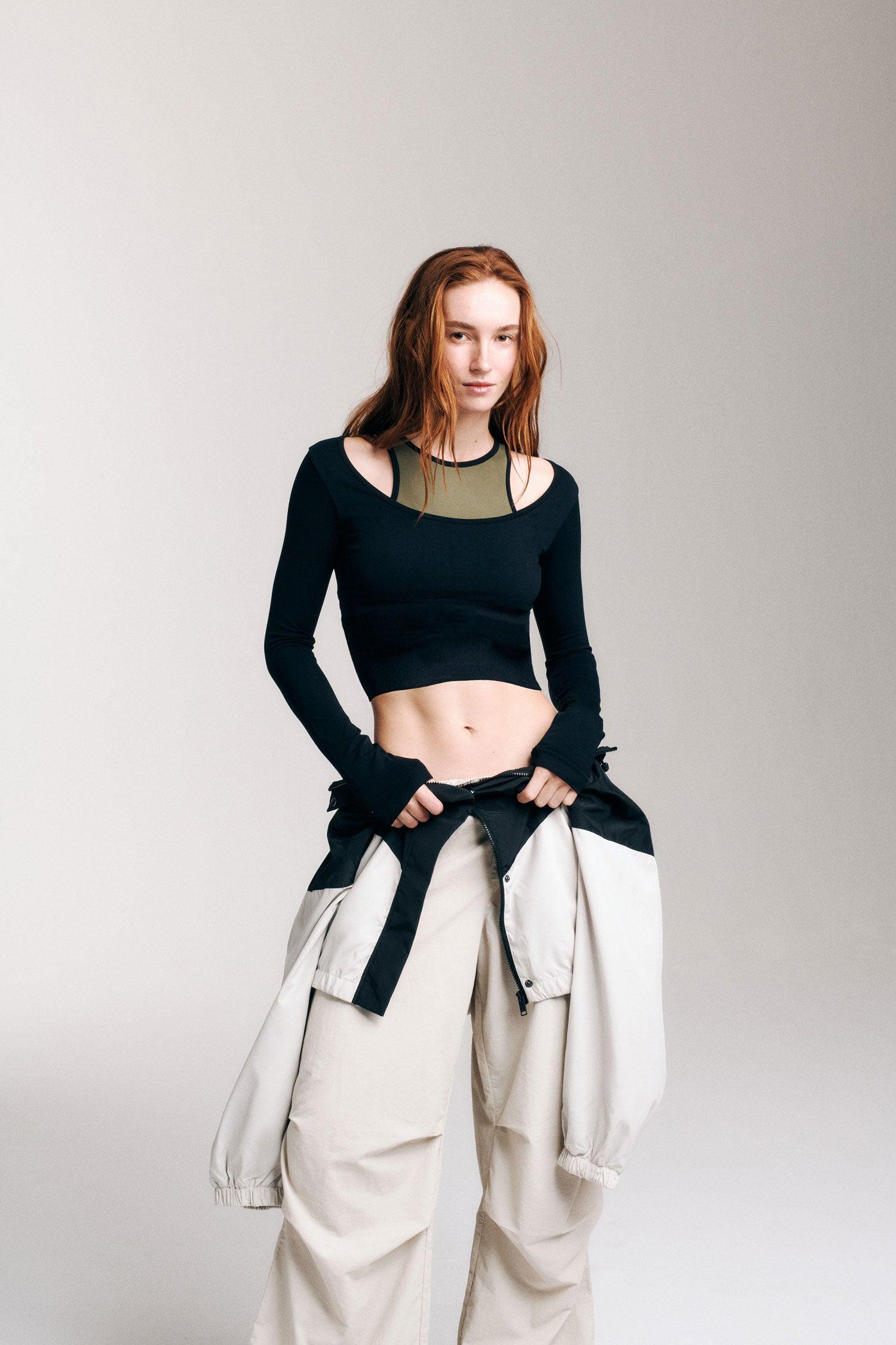 SUTTON LONG SLEEVE CROPPED TOP IN BLACK by P.E NATION