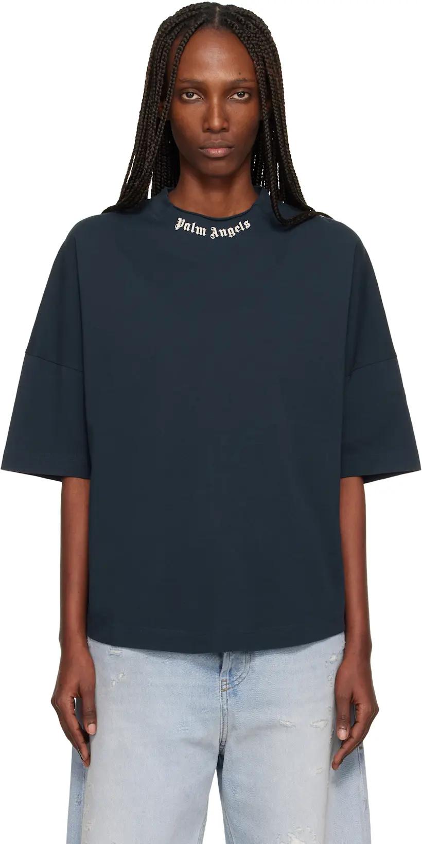 Navy Curved Logo Collar Over T-shirt by PALM ANGELS