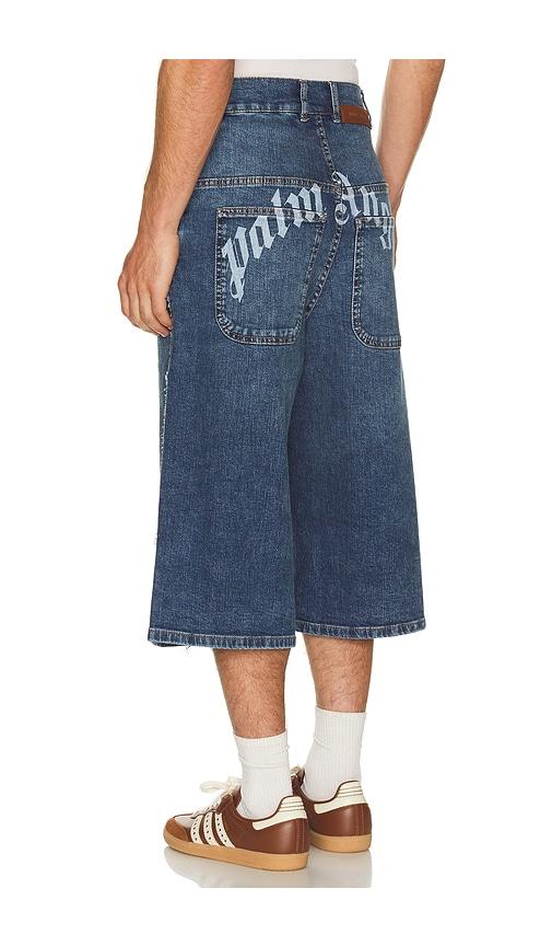 Palm Angels Curved Logo Denim Skater Short in Blue by PALM ANGELS
