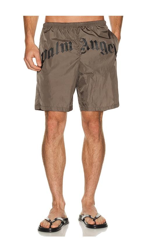 Palm Angels Curved Logo Swimshort in Brown by PALM ANGELS