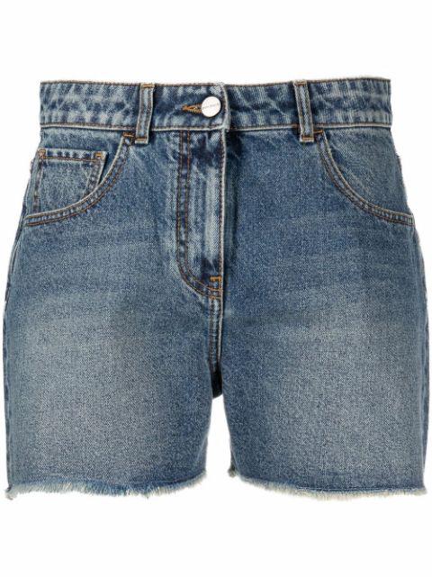 palm tree-embroidered frayed denim shorts by PALM ANGELS