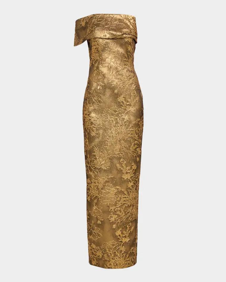 Asymmetric Off-The-Shoulder Metallic Jacquard Gown by PAMELLA ROLAND