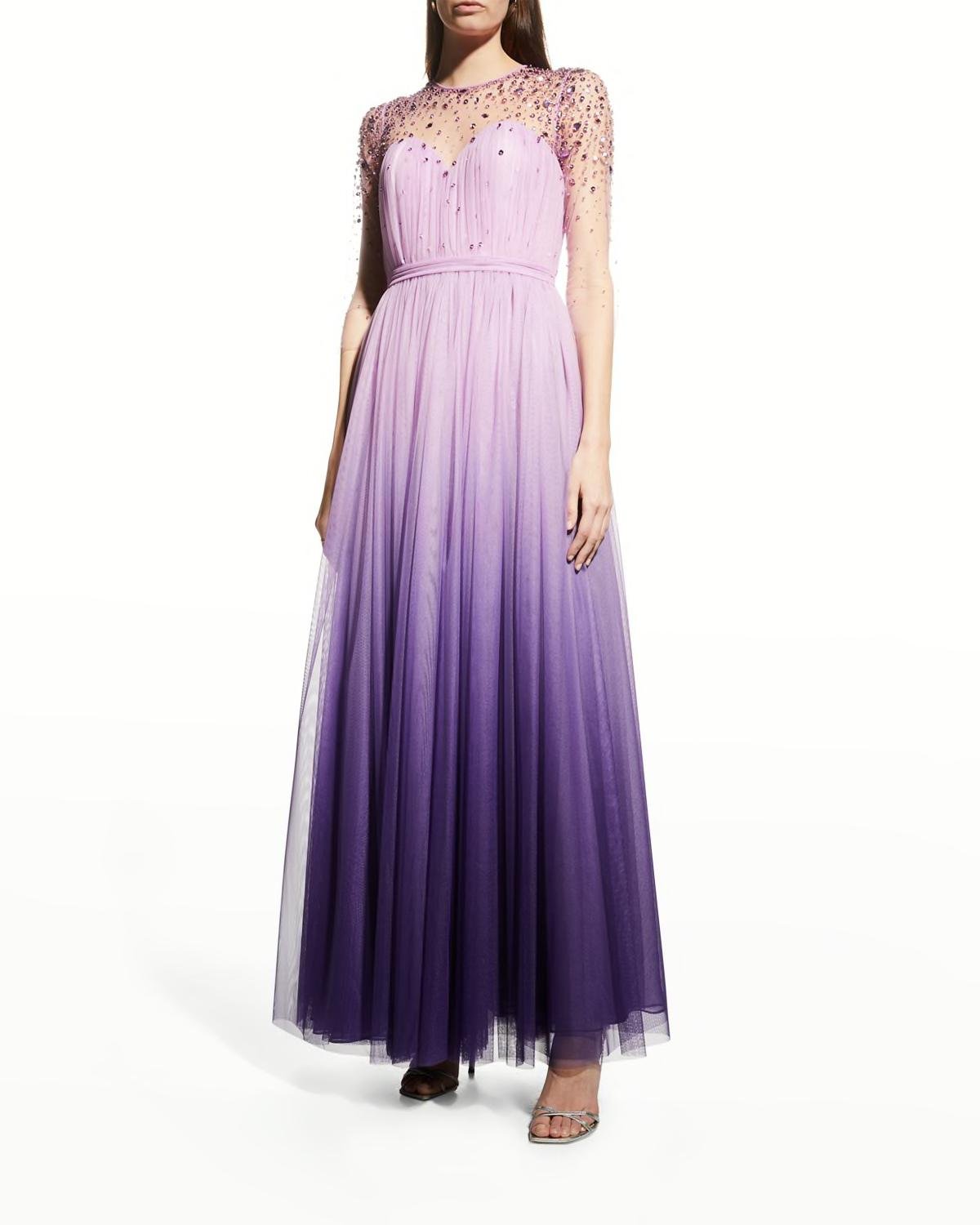 Crystal-Embellished Pleated Ombre Chiffon Illusion Gown by PAMELLA ROLAND