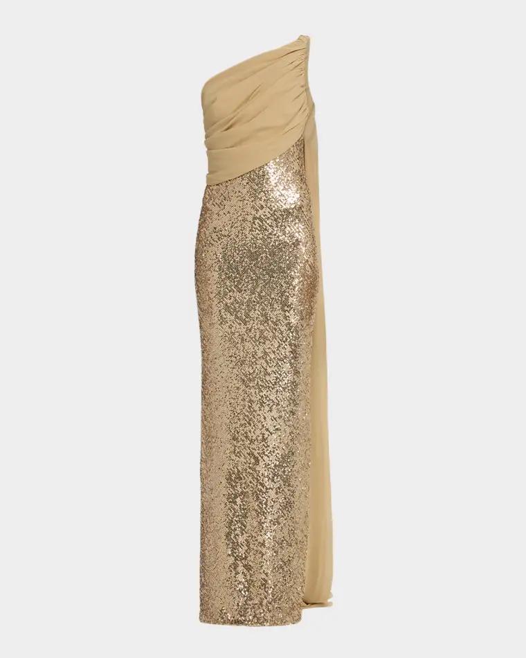 Draped Chiffon One-Shoulder Sequined Gown by PAMELLA ROLAND