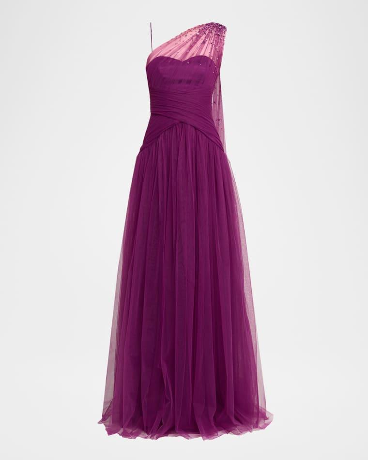 Embellished Tulle One-Shoulder Cape Gown by PAMELLA ROLAND