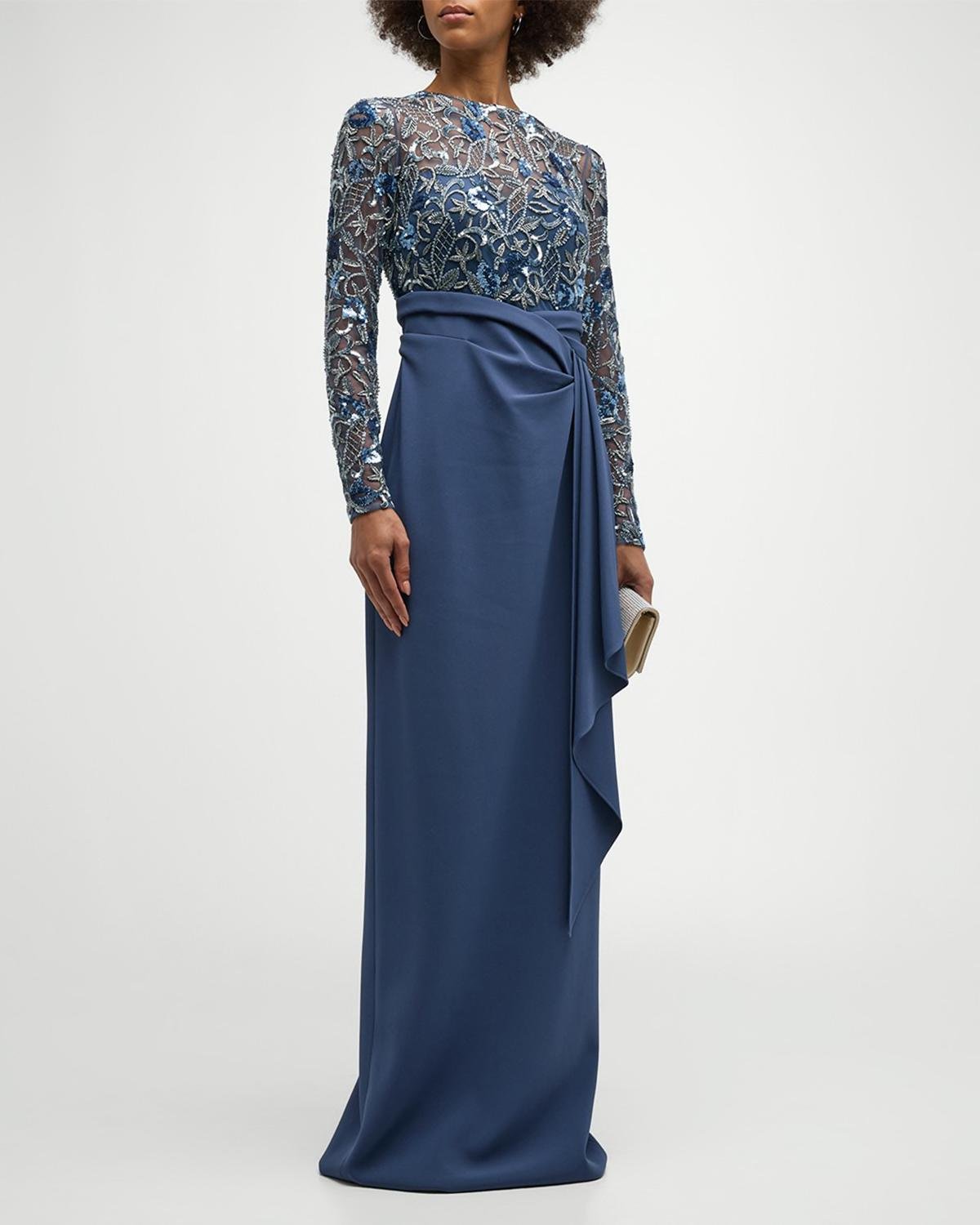 Embroidered Long Sleeve Crepe Gown by PAMELLA ROLAND