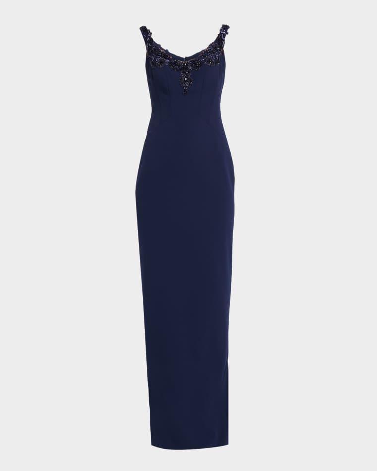 Embroidered Sleeveless Crepe Column Gown by PAMELLA ROLAND