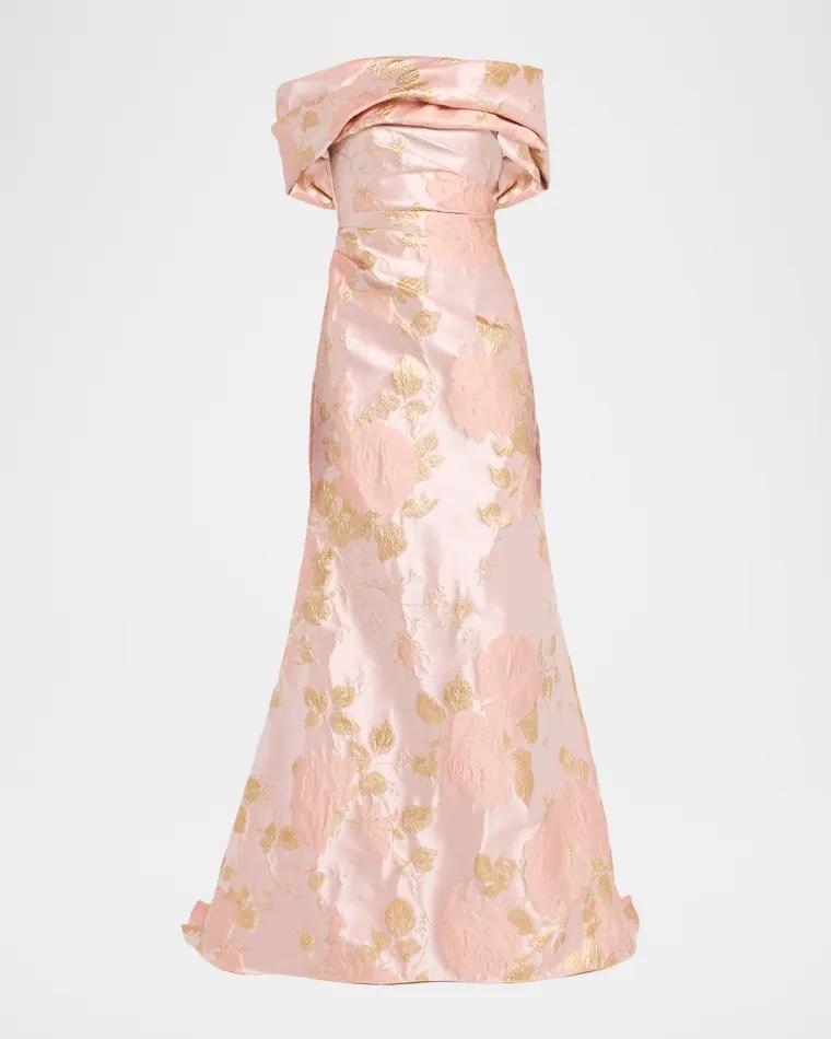 Metallic Floral Jacquard Off-The-Shoulder Gown by PAMELLA ROLAND