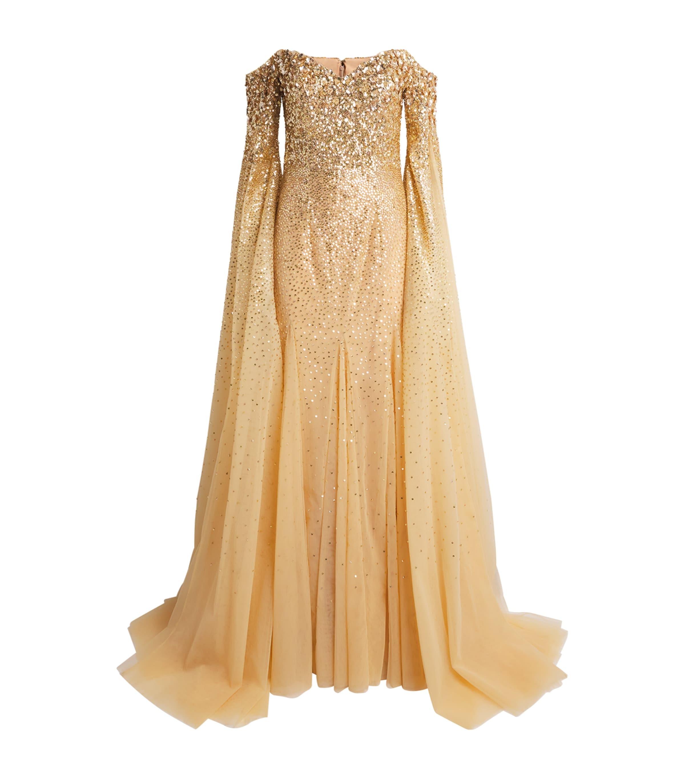 Pamella Roland Sequinned Cape-Sleeve Gown by PAMELLA ROLAND