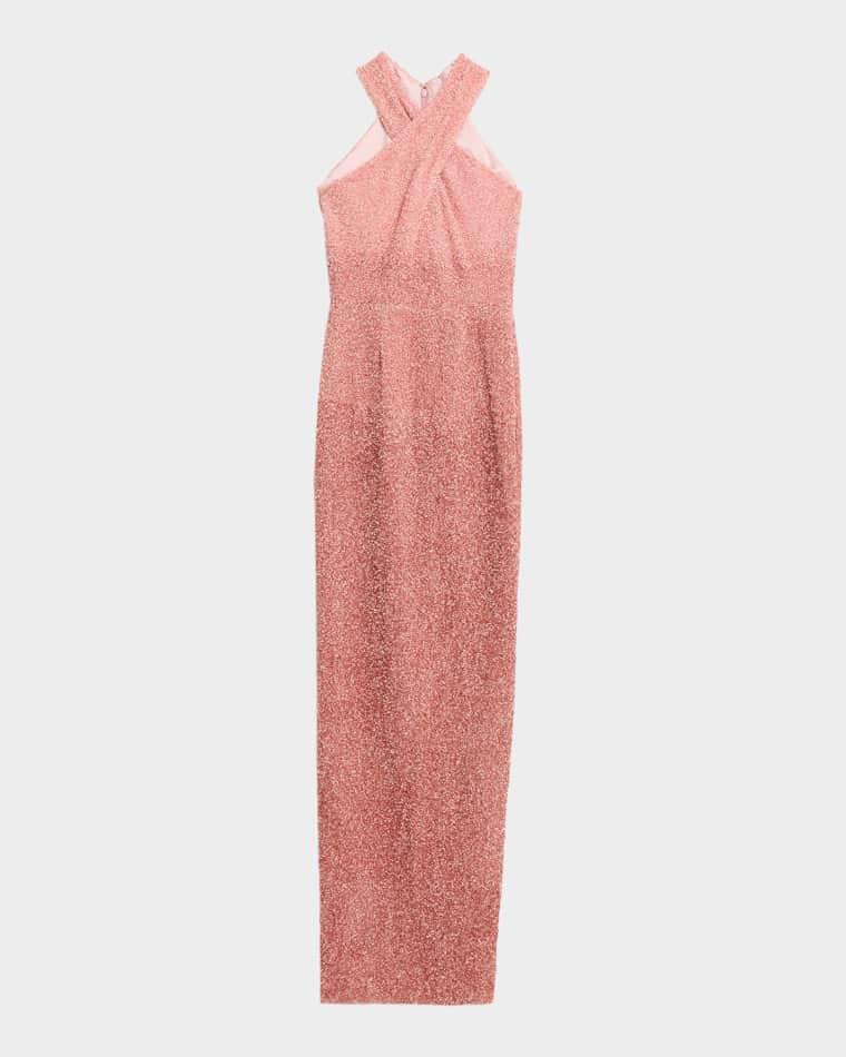 Sequined Crisscross Halter Gown by PAMELLA ROLAND