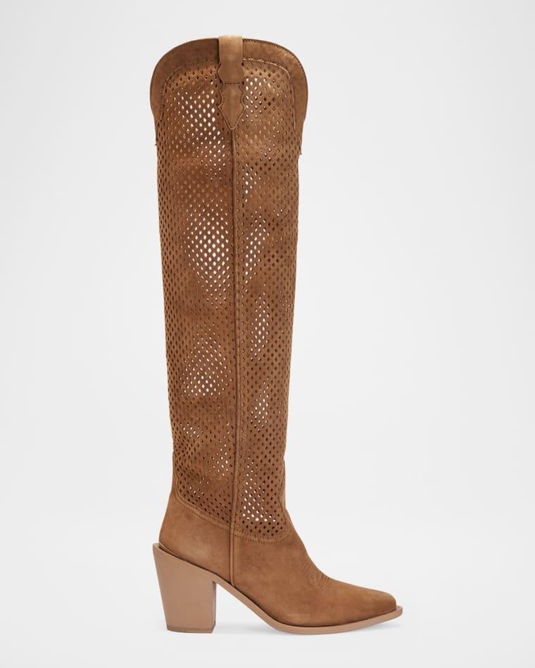 Aleene Perforated Suede Knee-High Cowboy Boots by PARTLOW