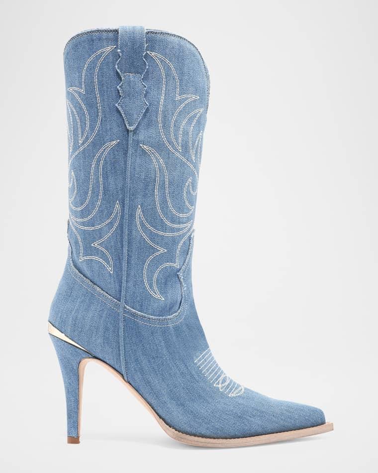 Cherie Denim Western Stiletto Mid Boots by PARTLOW