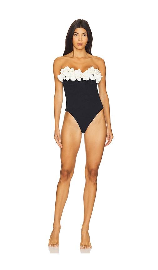 PatBO Breeze Jacquard Flower Applique One Piece in Black by PATBO